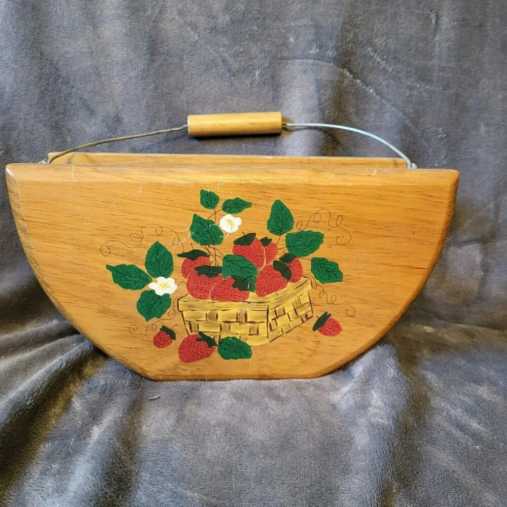 Vintage Hand Crafted  Wooden Basket Hand Painted Strawberries. Signed